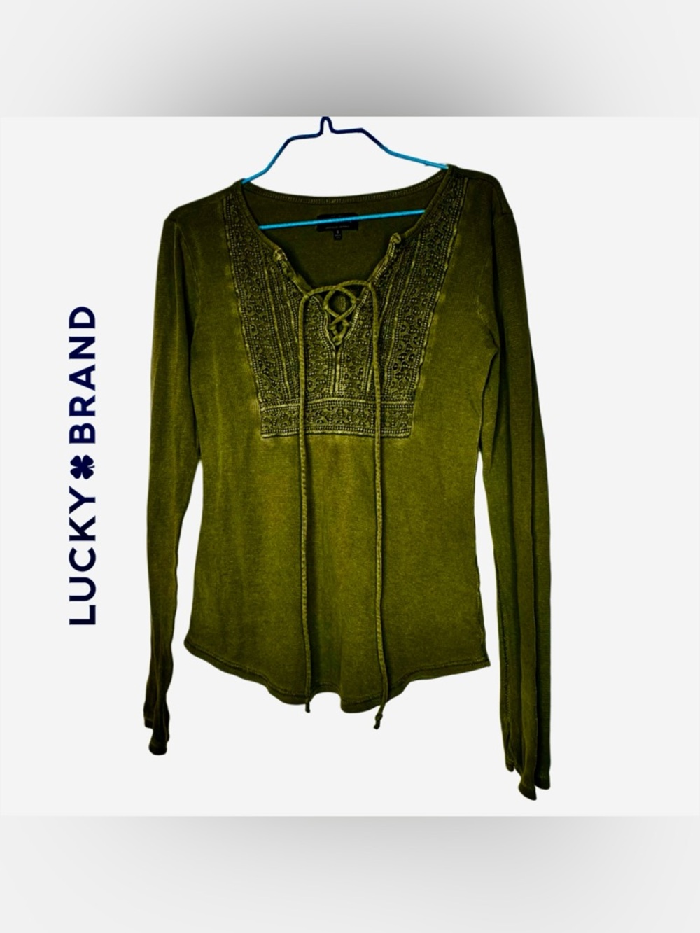 Lucky Brand🍀 Olive Lace-Up Embroidered Long Sleeve Tee